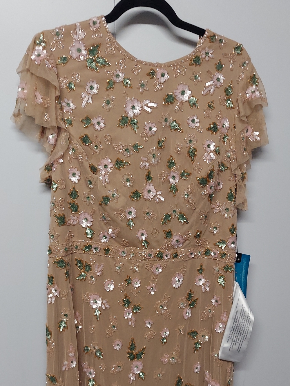 Mac Duggal Beige Dress with Pink & Green Embroidery